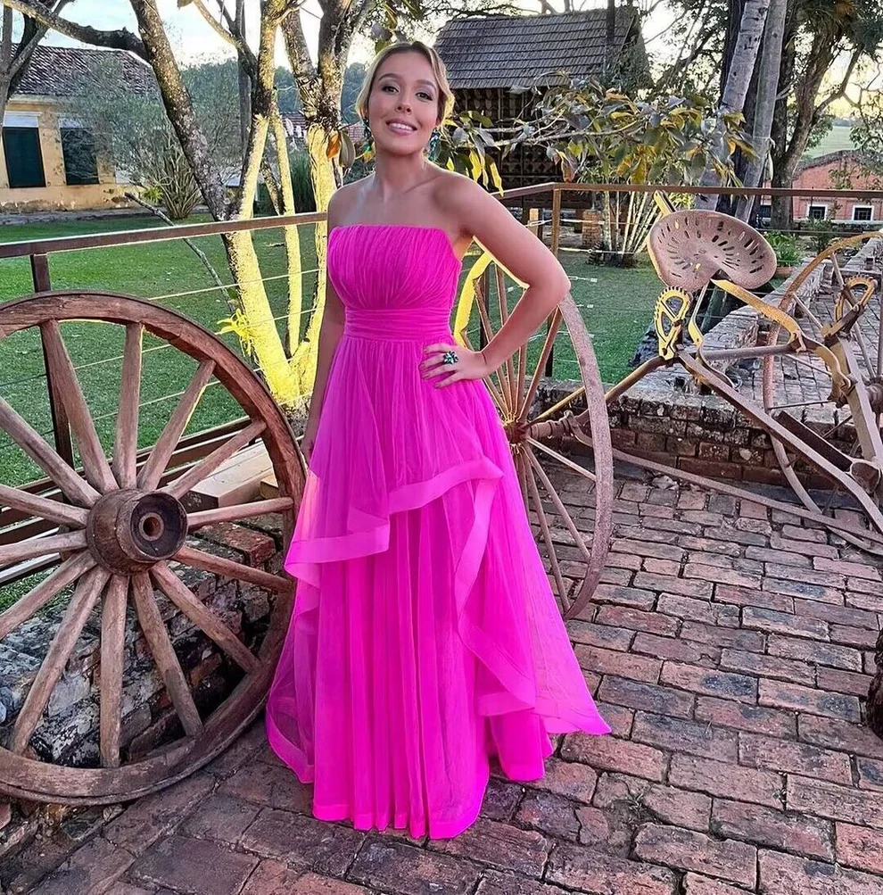 Strapless Evening Dress Hot Pink A Line Tulle Long Prom Dresses SP273