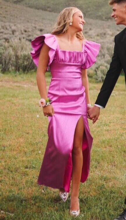Pink Satin A Line Ruffled Sleeves Prom Dresses With Slit SP192