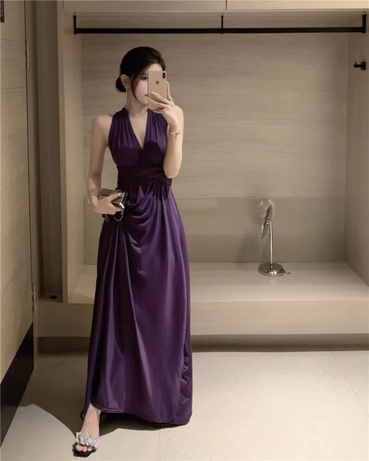 V Neck Evening Dress A Line Purple Open Back  Long Prom Dress SP378