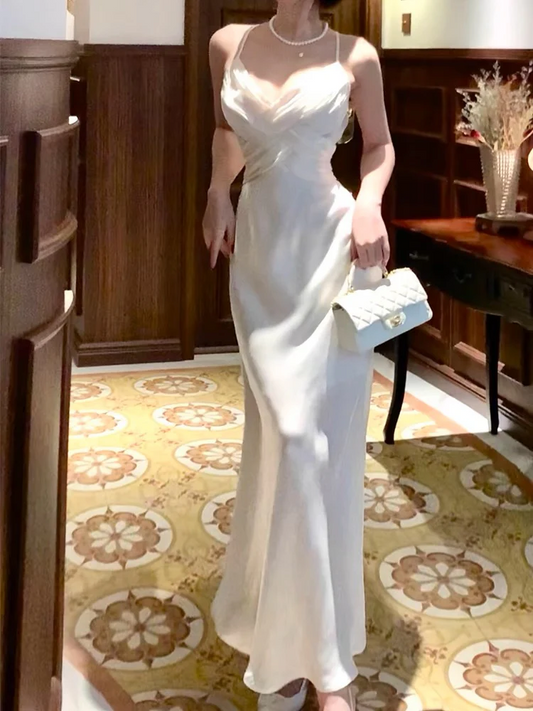 Spaghetti Straps White Sheath Long Prom Dress Simple Wedding Dress SP383