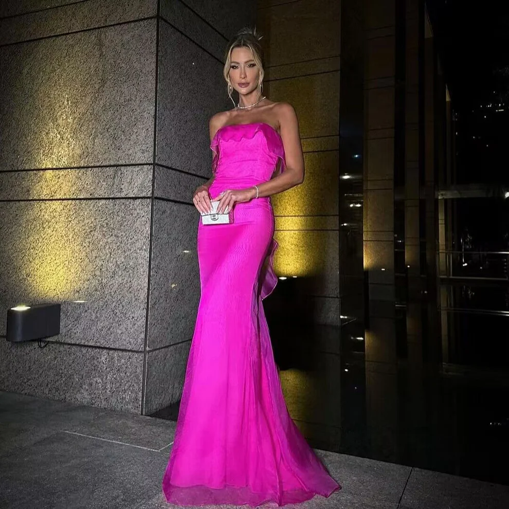Strapless Evening Dress  Hot Pink Backless Mermaid Long Ruffled Prom Dresses SP267
