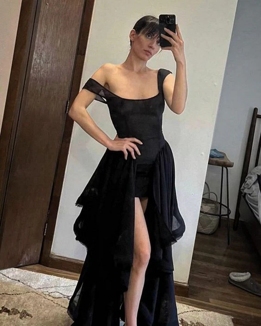 Off Shoulder A Line Black Tulle Ruffled Prom Dresses  With Slit SP349