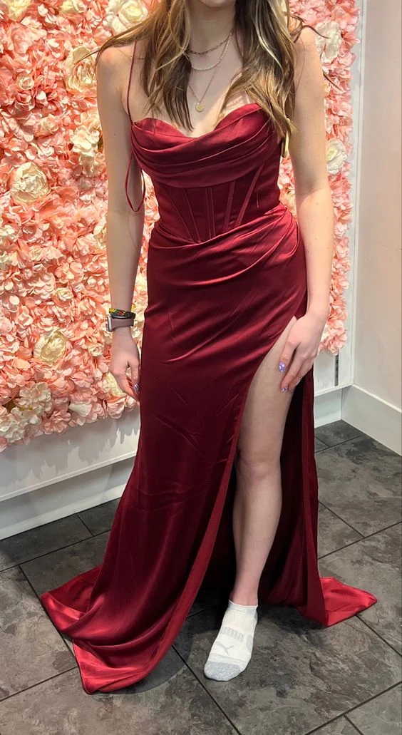 Spaghetti Straps Sheath Burgundy Long Prom Dress With Slit SP329