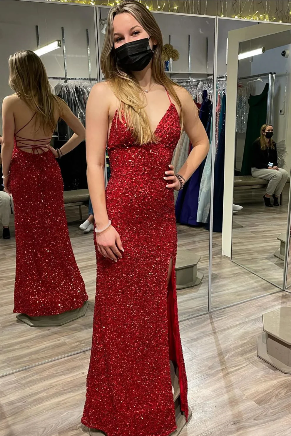 Spaghetti Straps Backless Sheath Red Sequin Long Prom Dress SP406