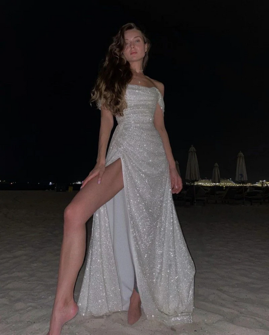 Off Shoulder Shiny Long Prom Dress High Slit Formal Evening Dress SP93