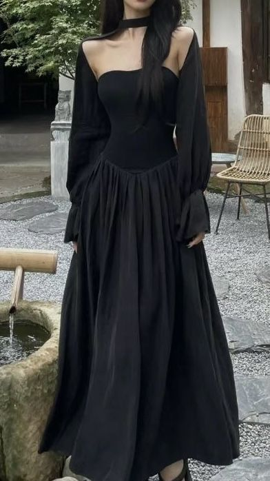 A line Long Sleeves Black Long Prom Dress SP842