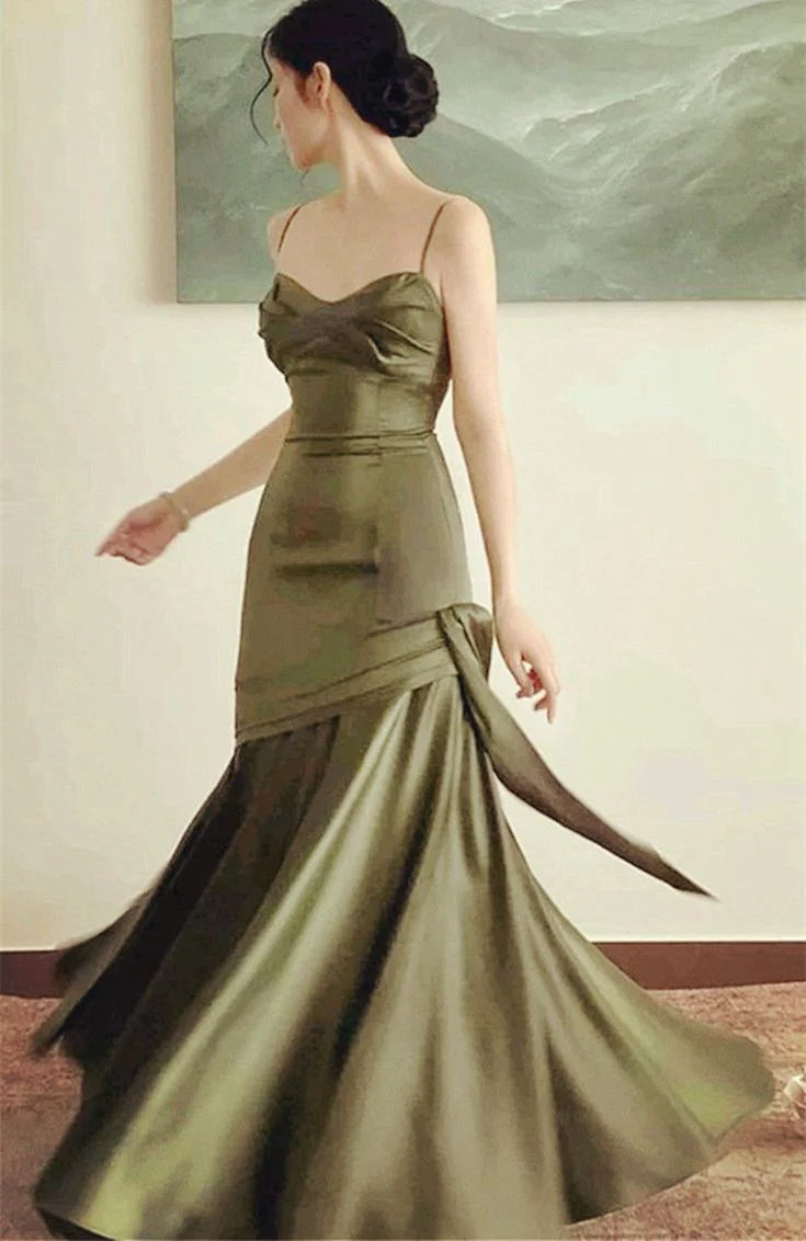 Green Satin Mermaid Long Prom Dresses Spaghetti Straps Evening Dress SP440