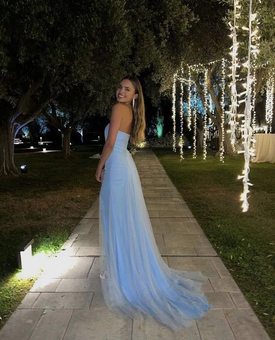 A Line Strapless Light Blue Long Prom Dresses With Slit SP477