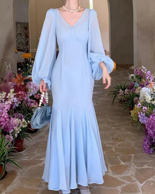 V Neck Mermaid Blue Chiffon Prom Dress Long Sleeves Elegant Dress SP232