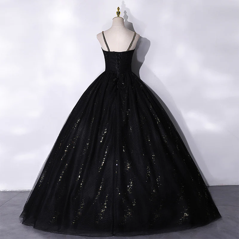Spaghetti Straps A Line Black Formal Dress Princess Birthday Party Dress SP569