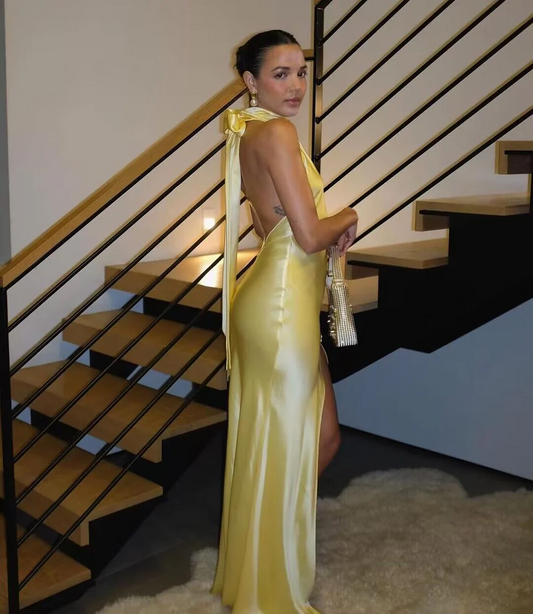 Halter Backless Yellow Mermaid Long Prom Dress With Slit SP152