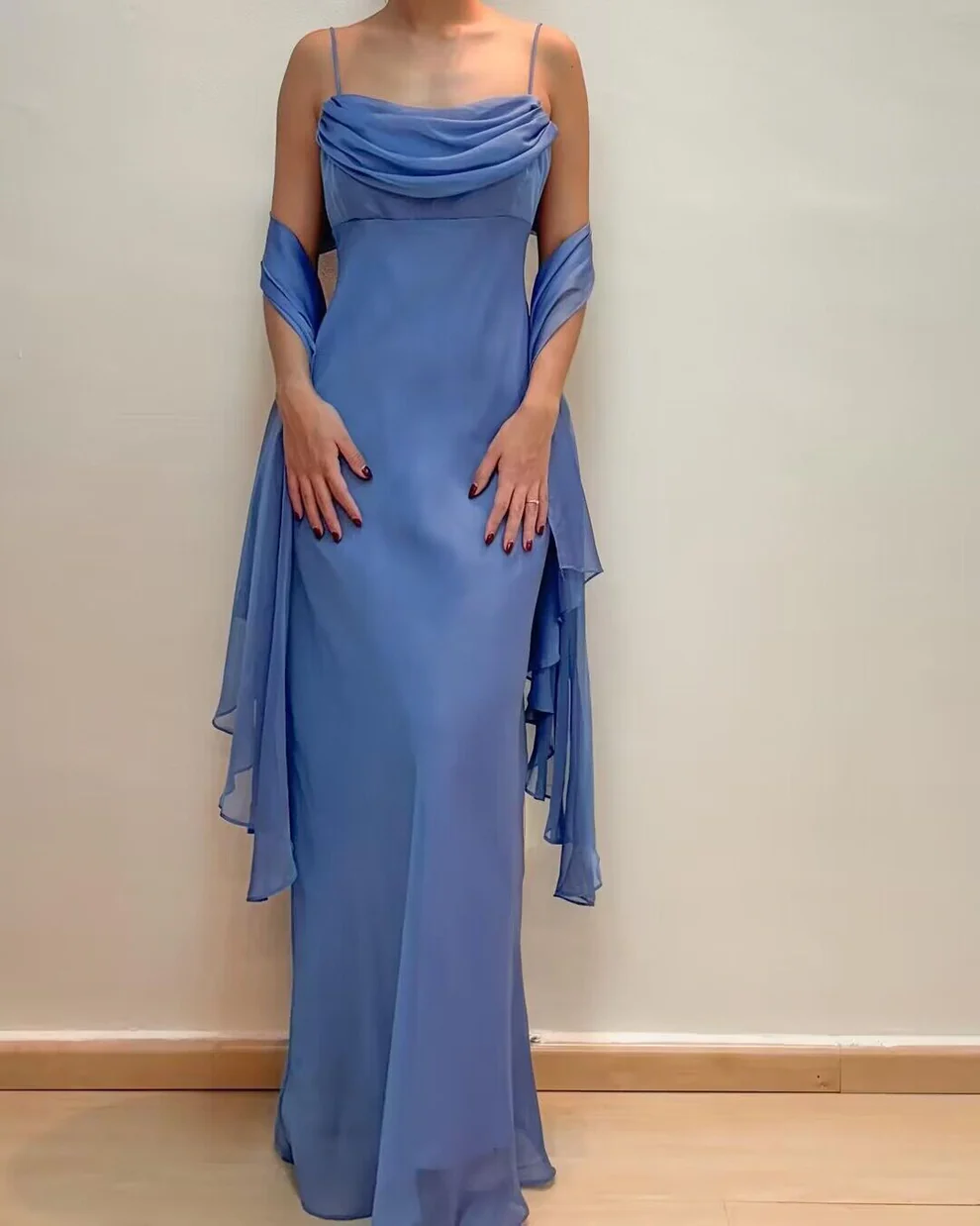 Spaghetti Straps Blue Chiffon Sheath Long Prom Dresses SP282