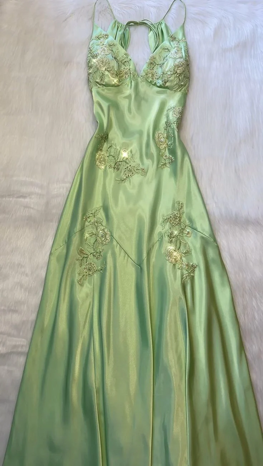 Green Satin A Line Long Prom Dresses Formal Party Backless Dress SP74