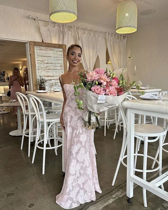 Spaghetti Straps Mermaid Pink Long Prom Dresses SP452