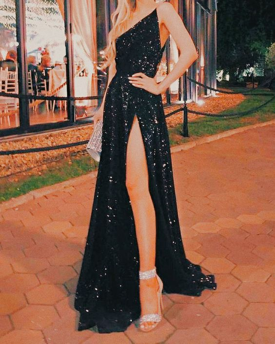 A line One Shoulder Black Sequin Long Prom Dresses With Slit SP809