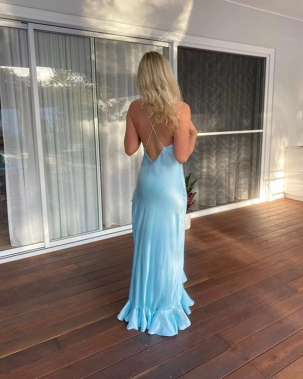 Spaghetti Straps V Neck Blue Backless Mermaid Long Prom Dress SP119