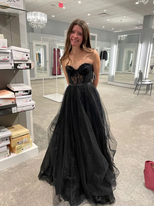 Strapless A Line Tulle Prom Dress Black Lace Homecoming Dress SP91