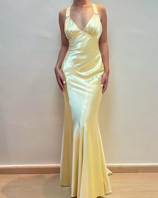 V Neck Yellow Open Back Mermaid Satin Long Prom Dress SP166