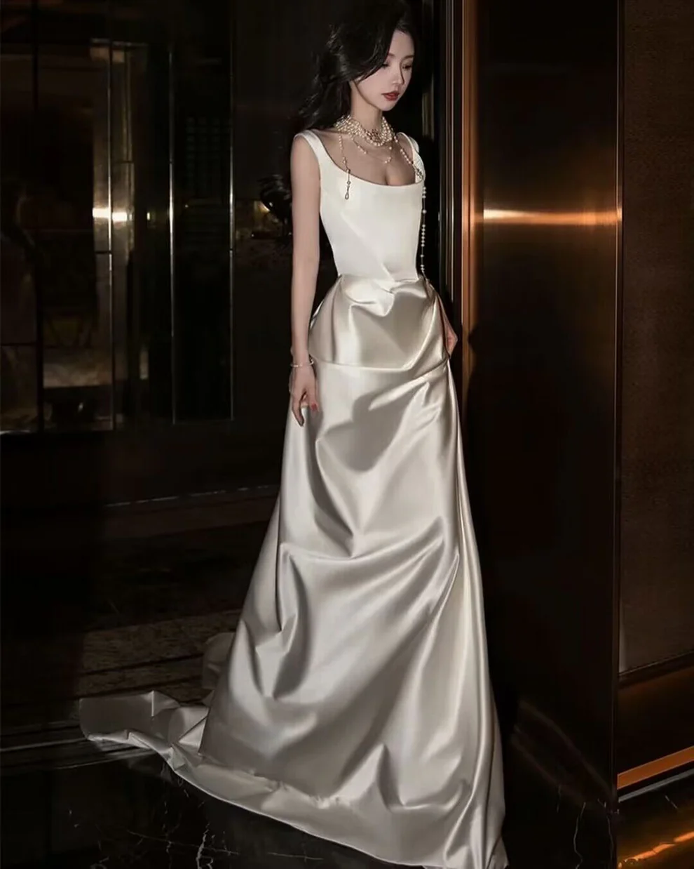 Straps French Style White Satin A Line Elegant Prom Dress SP195