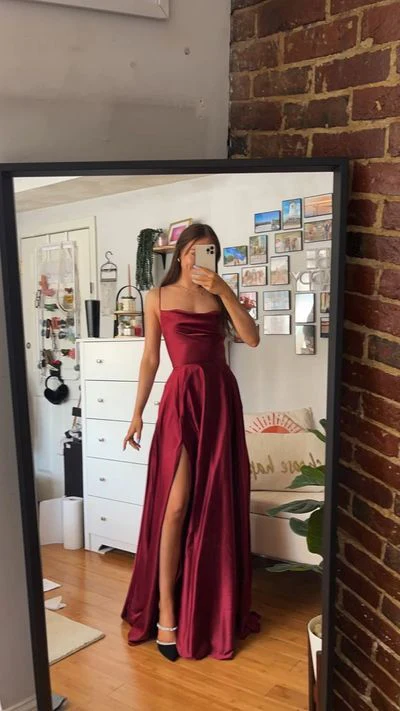 Burgundy Long Prom Dresses Satin A Line Evening Gown With Slit SP733