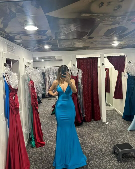Blue V Neck Open Back Mermaid Long Prom Dresses SP144