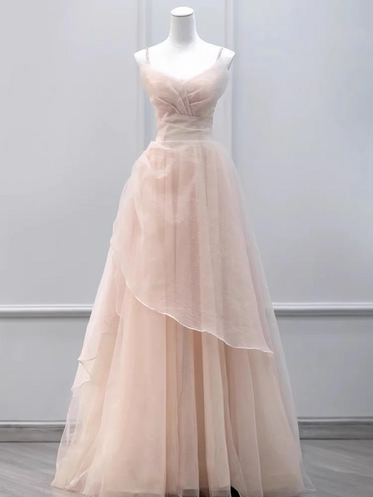 Spaghetti Straps Light Pink A Line Long Prom Dress Sweet Birthday Party Dress SP386