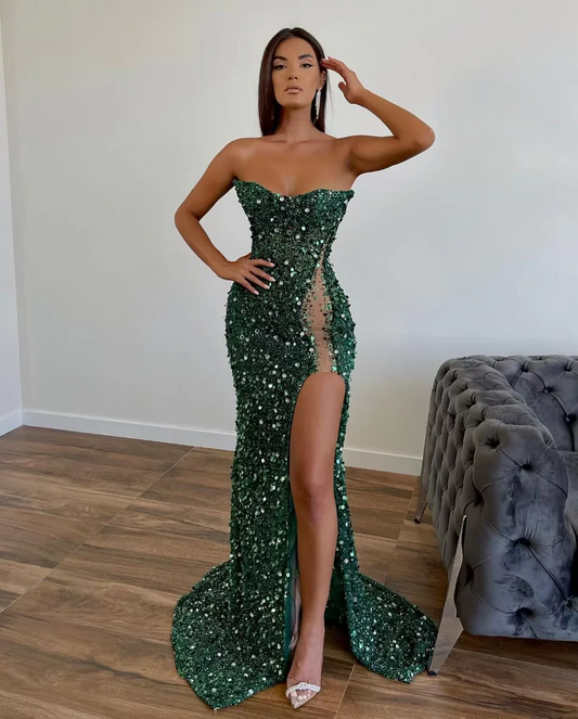 Strapless Sheath Green Sequin Long Prom Dress With Slit SP186