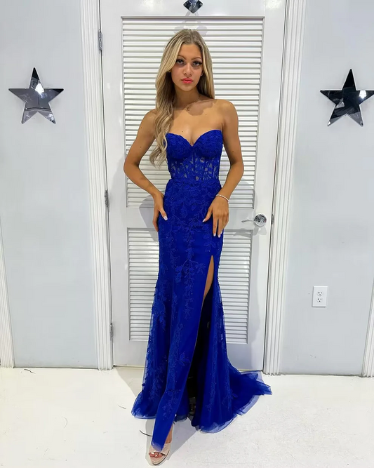 Strapless Royal Blue Applied Sheath Long Prom Dresses With Slit SP261