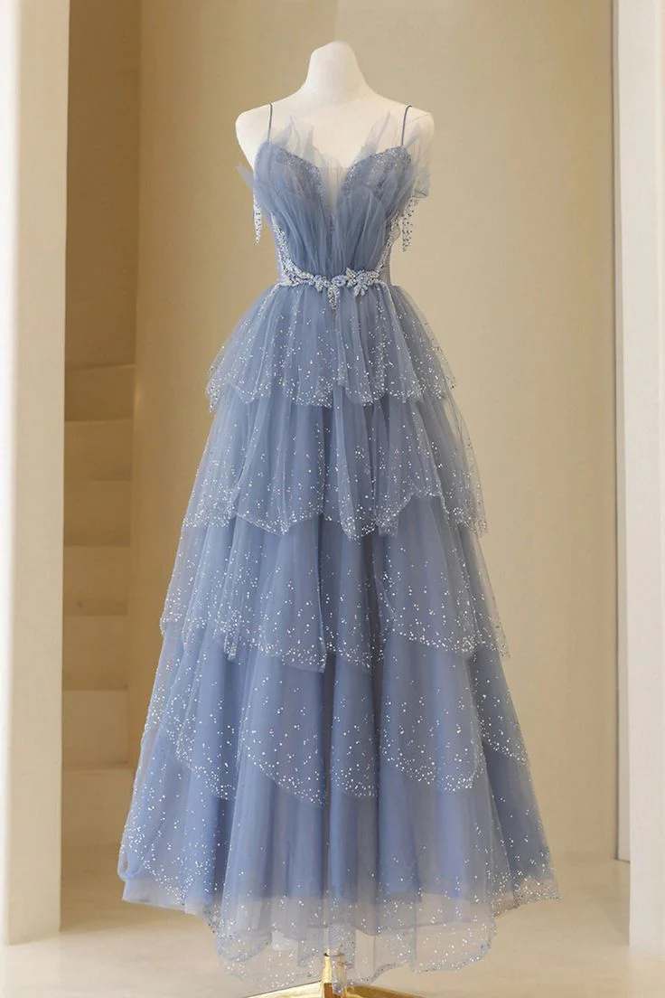 Spaghetti Straps A Line Layered Blue Long Prom Dress Tulle Shiny Beaded Birthday Party Gown SP464