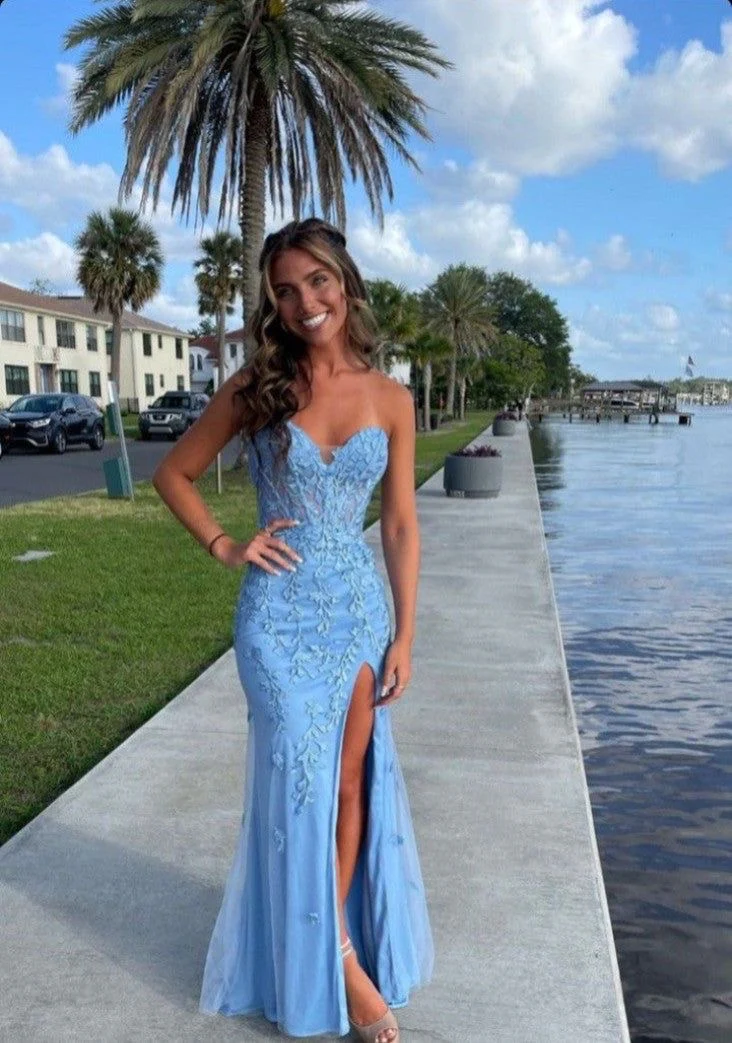 Strapless Blue Mermaid Lace Long Prom Dress   With Slit SP401