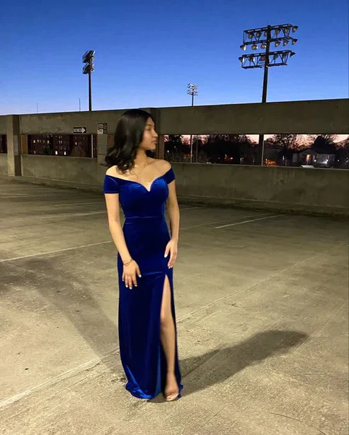 Off The Shoulder Blue Velvet Prom Dress Slit Mermaid Evening Dress SP709