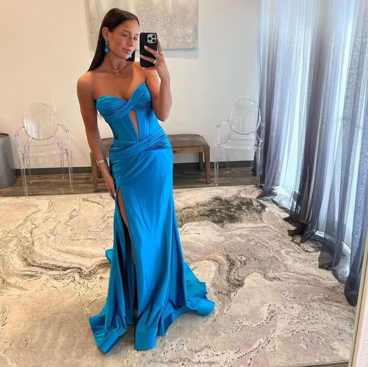 Strapless Blue Mermaid Backless Long Prom Dress With Slit SP168