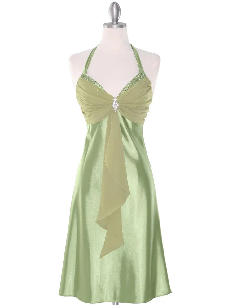 Halter V Neck Evening Dress A Line Satin Green Homecoming Dress SP367