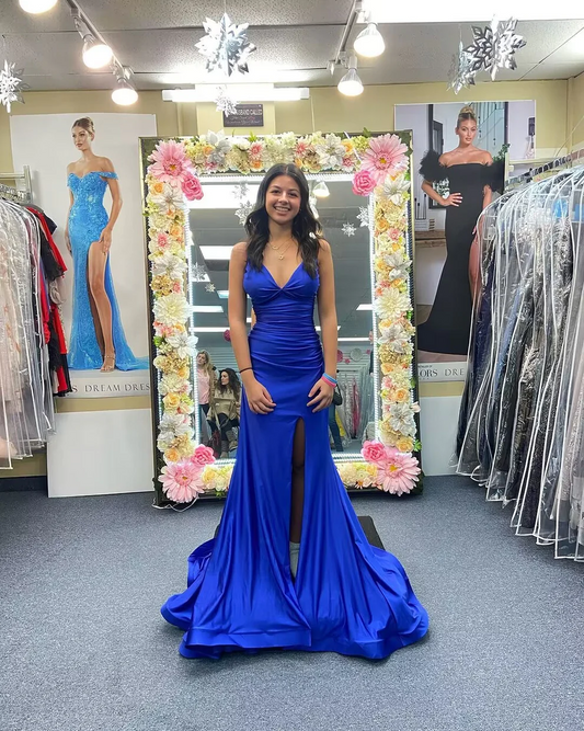 Straps V Neck Mermaid Blue Long Prom Dress With Slit SP124