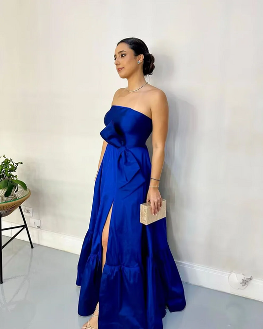 A Line Strapless Royal Blue Satin Long Prom Dress With Slit SP204