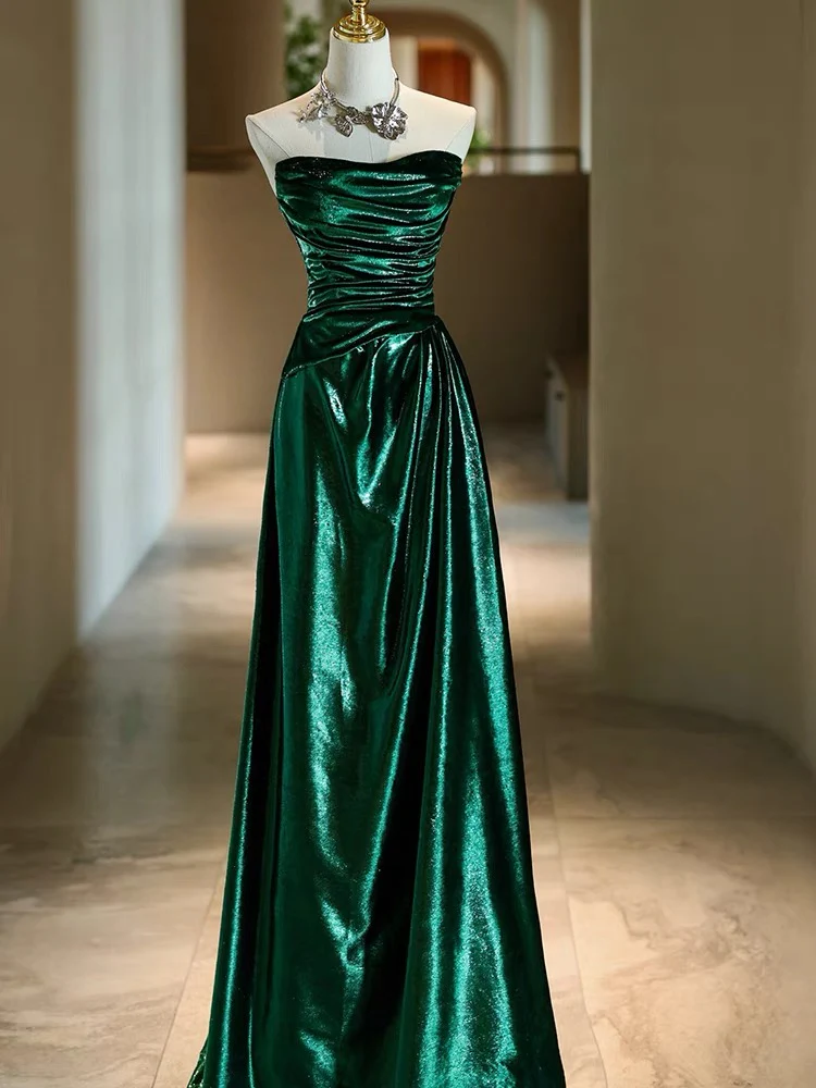 Strapless Evening Dress Open Back Dark Green A Line Long Prom Dress SP390