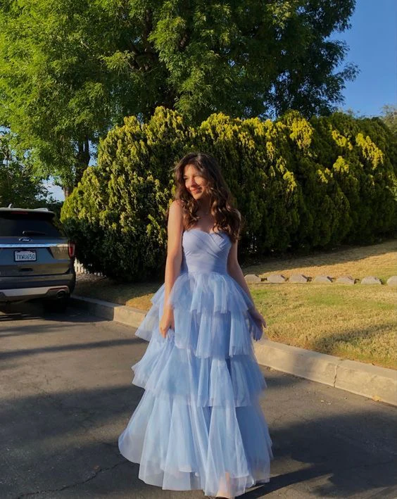 Strapless Blue A Line Birthday Party Dress Tulle Layered Long Prom Dress SP399