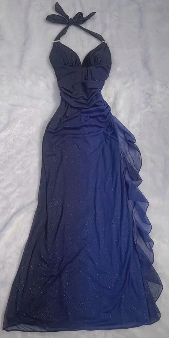 Halter Neck Dark Blue Evening Dress Mermaid Long Prom Dresses SP466
