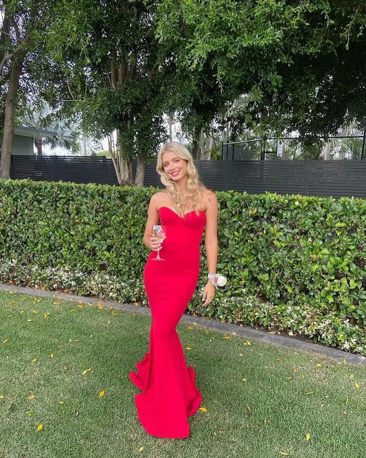 Sweetheart Strapless Backless Red Mermaid Long Prom Dresses SP236