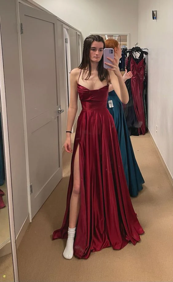 Spaghetti Straps Burgundy A Line Long Prom Dresses With Slit SP437