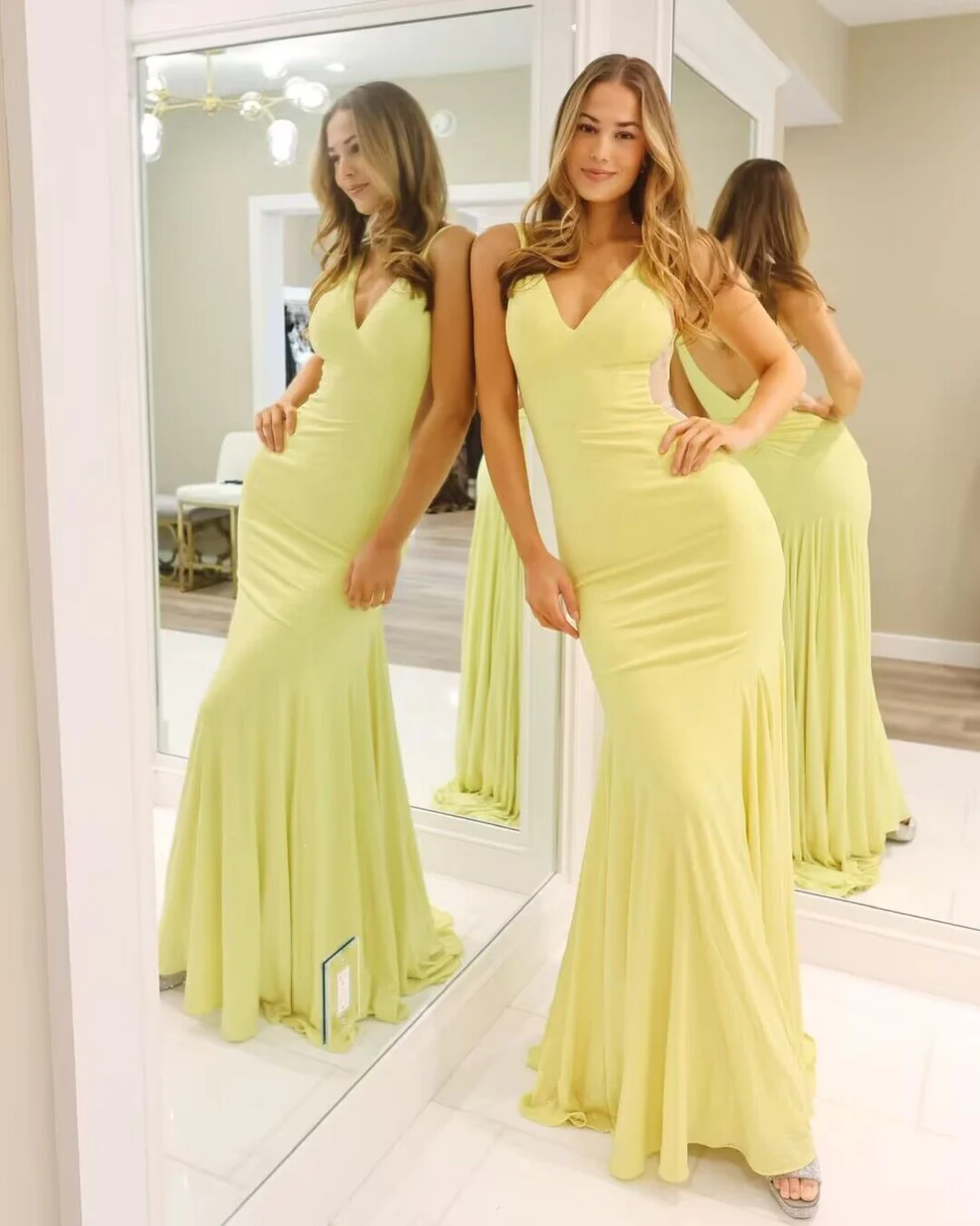 V Neck Yellow Open Back Mermaid Long Prom Dresses SP206