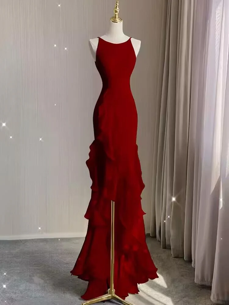 Elegant Burgundy Evening Dress Mermaid Ruffled Long Prom Dress SP94