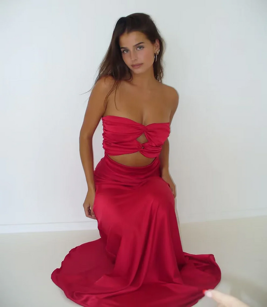 Red Strapless Birthday Party Dress A Line Satin Long Prom Dress SP159