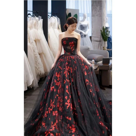 Strapless A Line Tulle Prom Dress Applique Black Ball Gown SP563