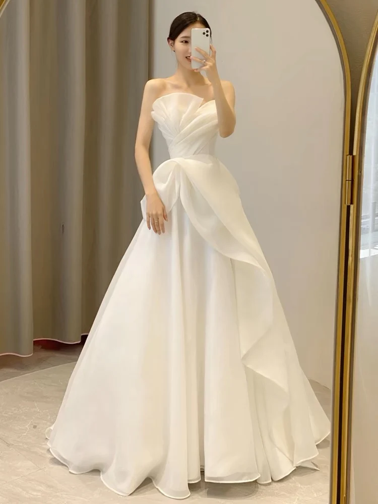 Strapless A Line White Chiffon Wedding Dress SP415