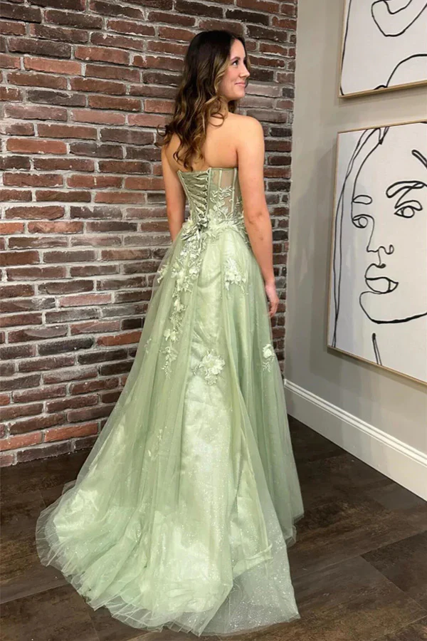 Green Strapless Floral A line Long Prom Dress with Slit SP560