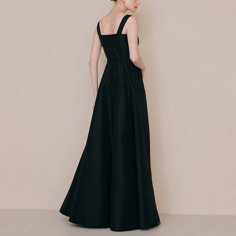 A Line Satin Black Formal Dress French Style Evening Dress SP571