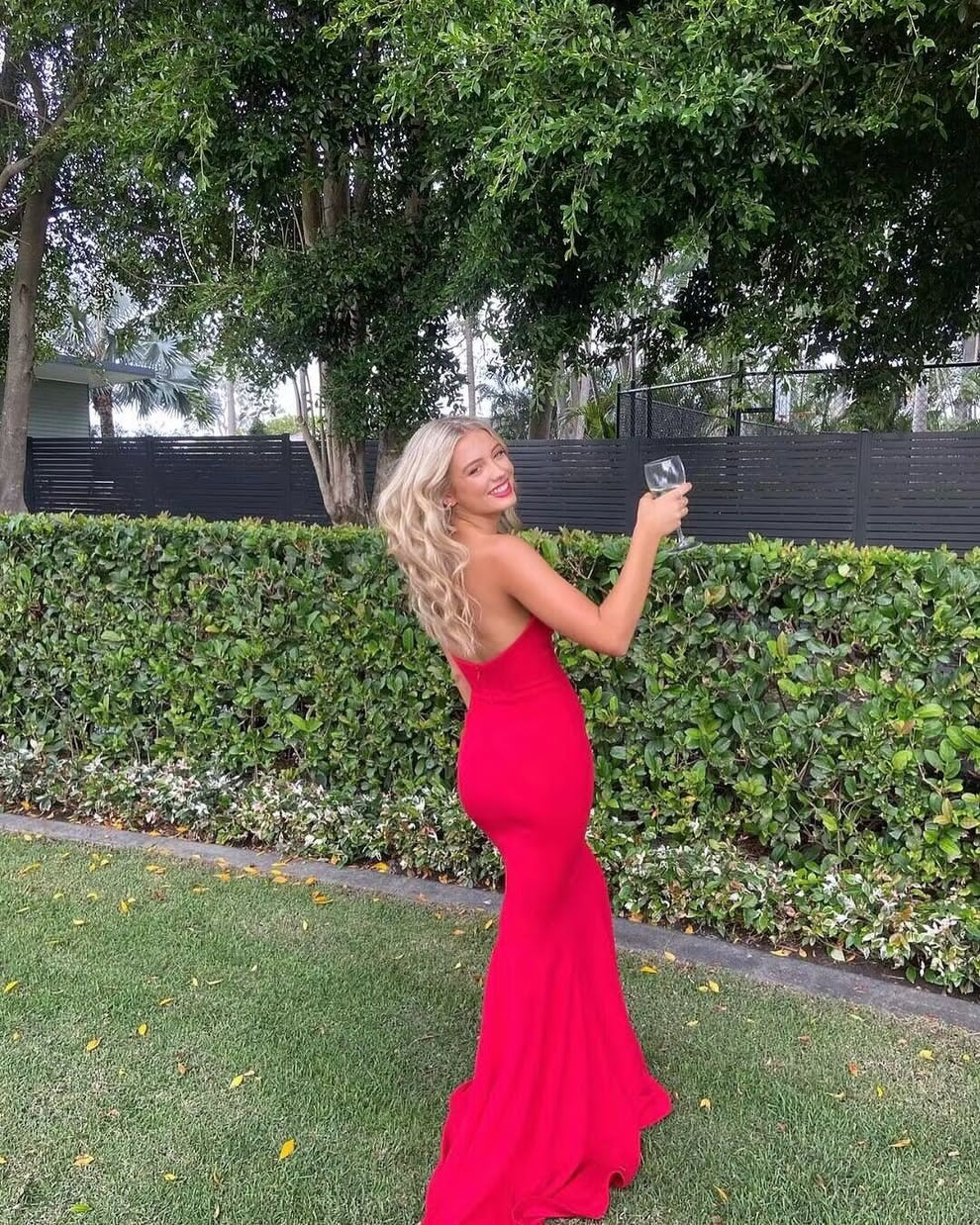 Sweetheart Strapless Backless Red Mermaid Long Prom Dresses SP236