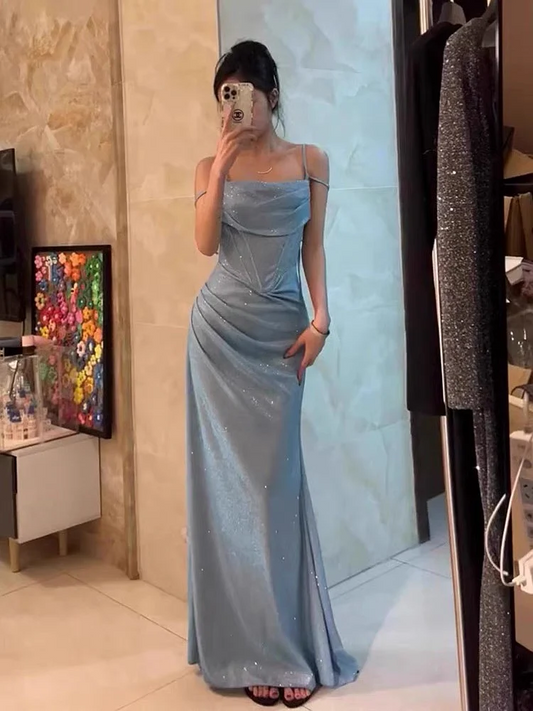 Spaghetti Straps  Blue Sheath Long Prom Dress Shiny Evening Dress SP375