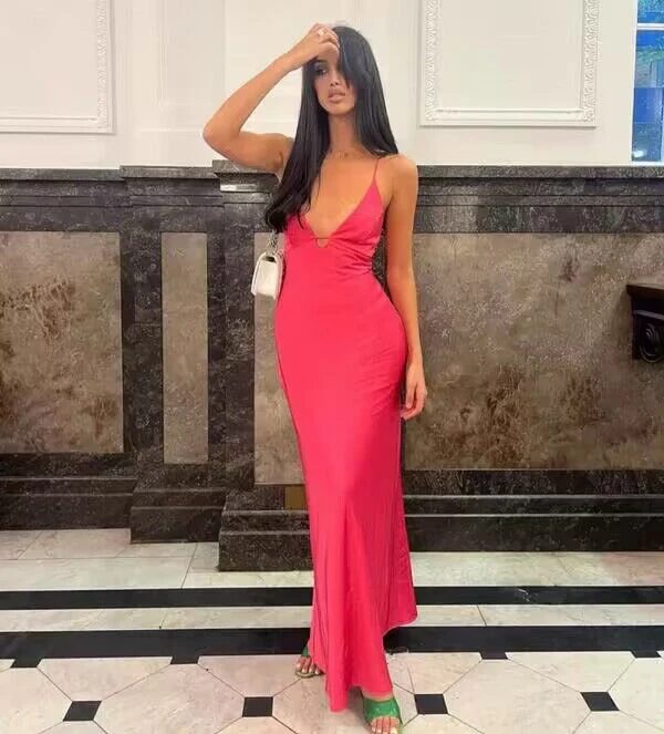 V Neck Sheath Hot Pink Sheath Long Prom Dress SP99